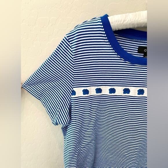 A.LAB | Blue White Stripe Floral Rose Short Sleeve Tee Shirt Top | Large - Picture 2 of 6